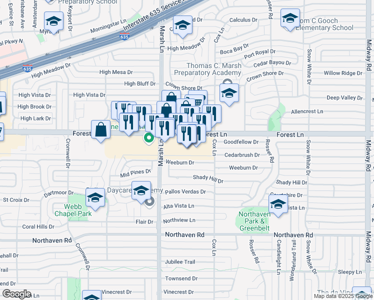 map of restaurants, bars, coffee shops, grocery stores, and more near Unnamed Road in Dallas