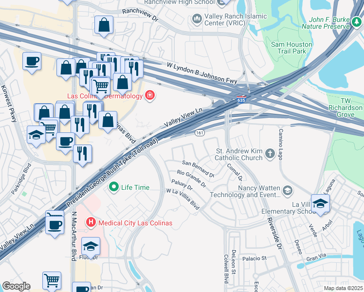 map of restaurants, bars, coffee shops, grocery stores, and more near San Marcos Drive in Irving