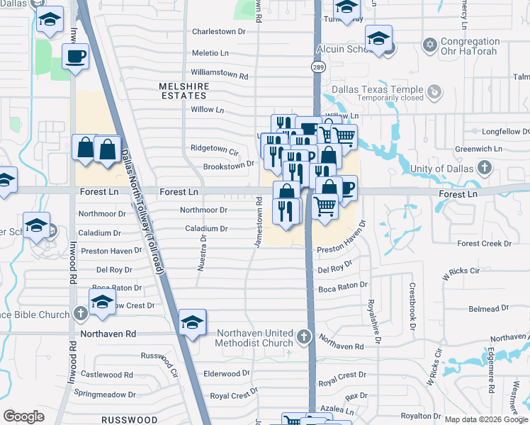 map of restaurants, bars, coffee shops, grocery stores, and more near 11724 Jamestown Road in Dallas