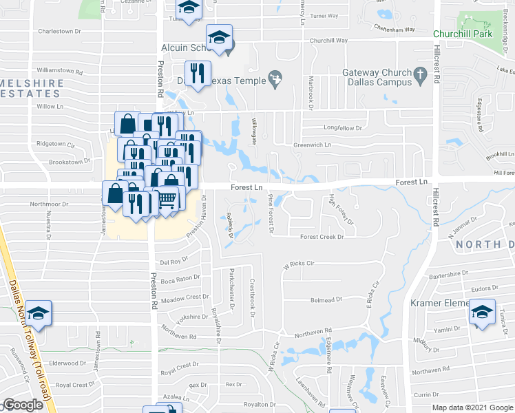 map of restaurants, bars, coffee shops, grocery stores, and more near 3 Robledo Drive in Dallas