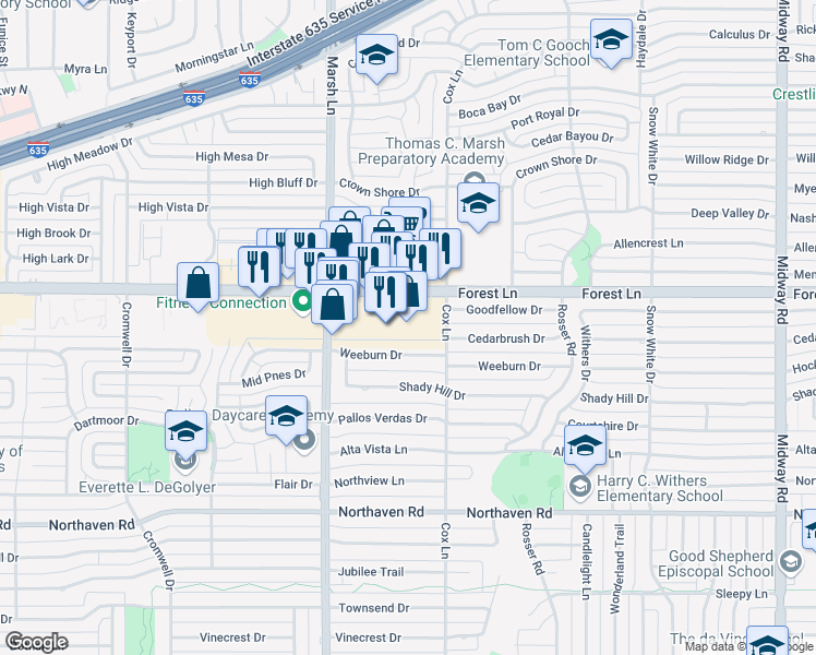 map of restaurants, bars, coffee shops, grocery stores, and more near 11722 Marsh Lane in Dallas
