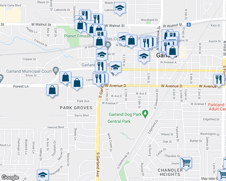 map of restaurants, bars, coffee shops, grocery stores, and more near 515 Flook Street in Garland