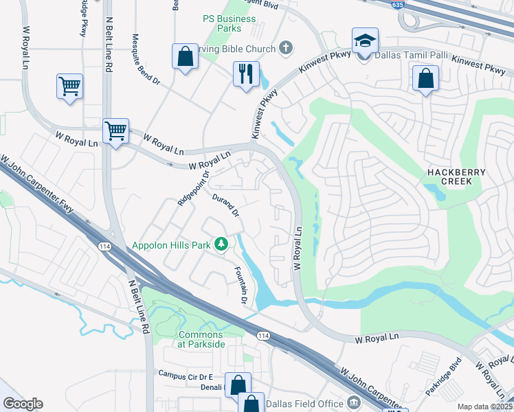 map of restaurants, bars, coffee shops, grocery stores, and more near 2708 Baron Lane in Irving