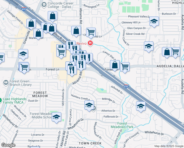 map of restaurants, bars, coffee shops, grocery stores, and more near 9420 Forest Springs Drive in Dallas