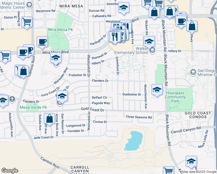 map of restaurants, bars, coffee shops, grocery stores, and more near 10461 Stanfield Circle in San Diego