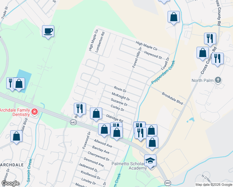 map of restaurants, bars, coffee shops, grocery stores, and more near 7740 McKnight Drive in North Charleston