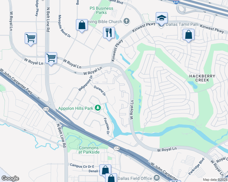 map of restaurants, bars, coffee shops, grocery stores, and more near 2708 Baron Lane in Irving
