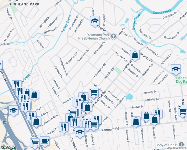 map of restaurants, bars, coffee shops, grocery stores, and more near 1210 Hawthorne Road in Hanahan