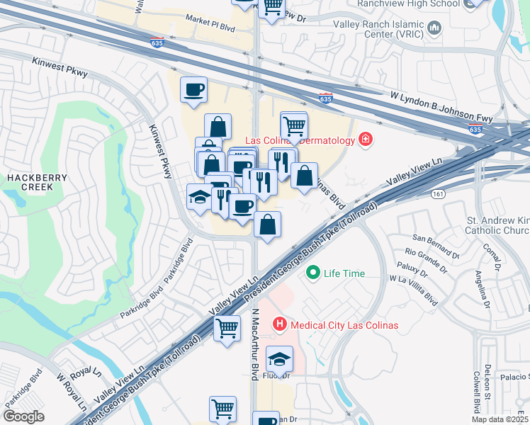 map of restaurants, bars, coffee shops, grocery stores, and more near 7510 North MacArthur Boulevard in Irving