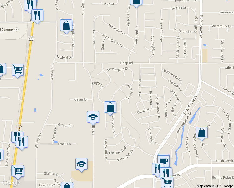 map of restaurants, bars, coffee shops, grocery stores, and more near 1440 Chase Oaks Drive in Keller