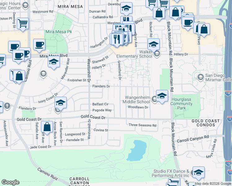 map of restaurants, bars, coffee shops, grocery stores, and more near 10461 Bedfont Circle in San Diego