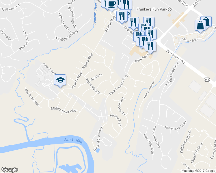 map of restaurants, bars, coffee shops, grocery stores, and more near 4612 McCandy Lane in Charleston