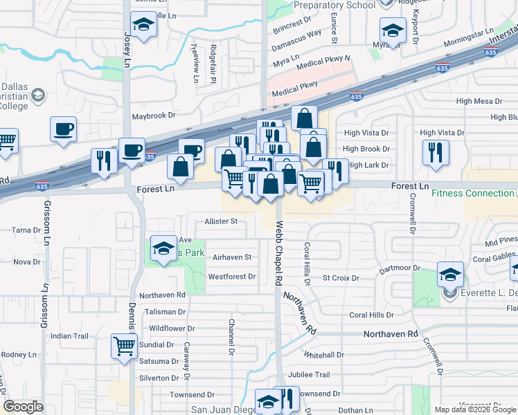 map of restaurants, bars, coffee shops, grocery stores, and more near 11625 Webb Chapel Road in Dallas