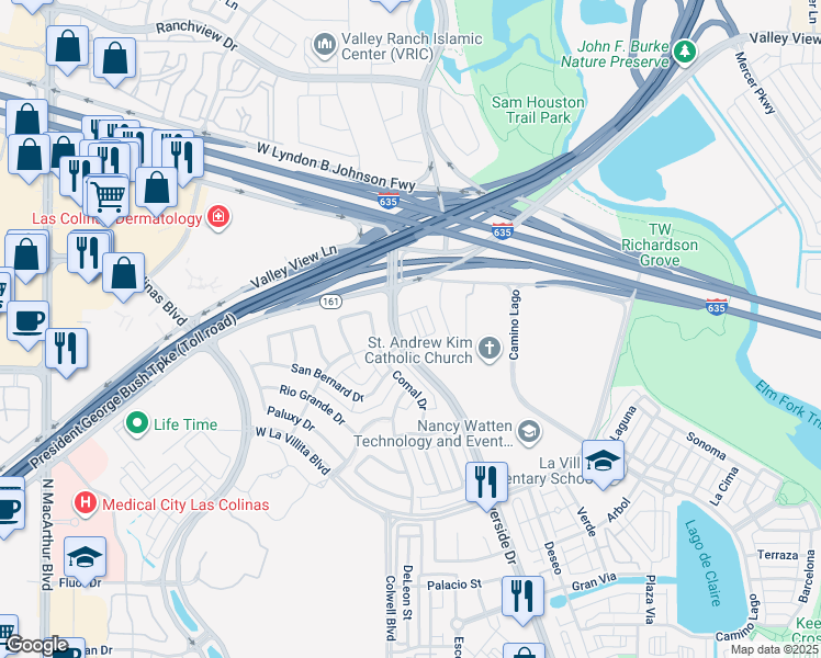 map of restaurants, bars, coffee shops, grocery stores, and more near 7300 Riverside Drive in Irving