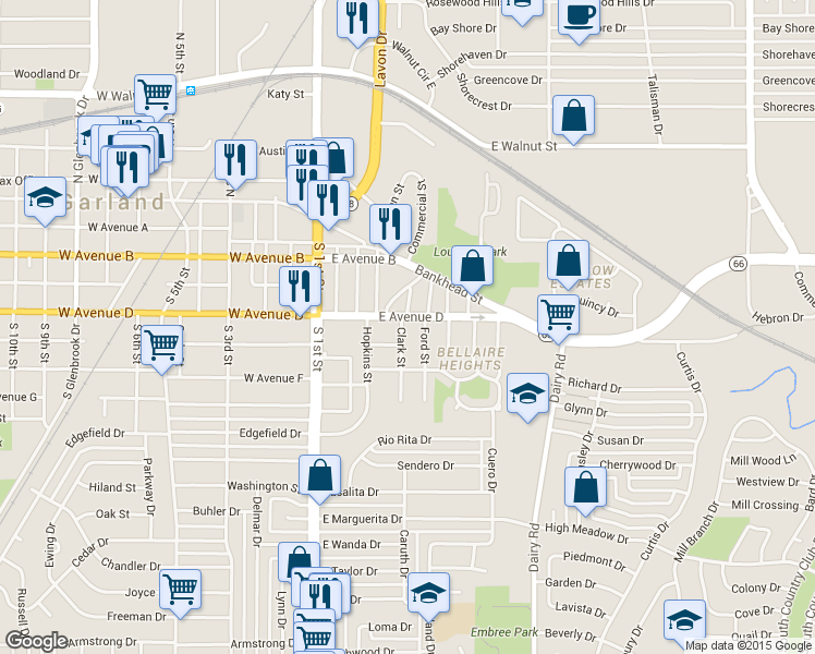map of restaurants, bars, coffee shops, grocery stores, and more near 508 Clark Street in Garland