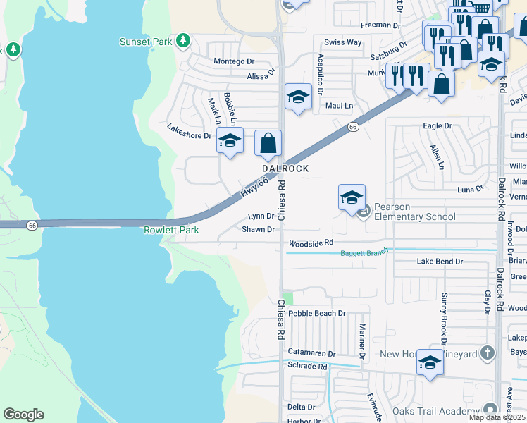 map of restaurants, bars, coffee shops, grocery stores, and more near 5302 Lynn Court in Rowlett