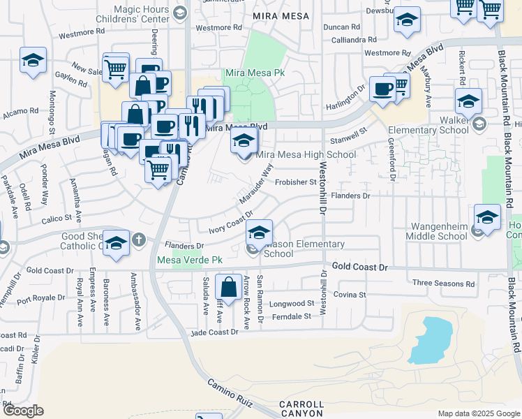 map of restaurants, bars, coffee shops, grocery stores, and more near 8559 Ivory Coast Drive in San Diego