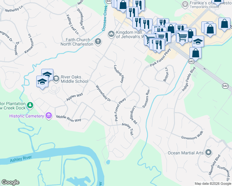 map of restaurants, bars, coffee shops, grocery stores, and more near 4612 McCandy Lane in Charleston