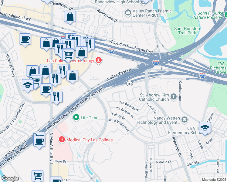 map of restaurants, bars, coffee shops, grocery stores, and more near 405 San Marcos Drive in Irving