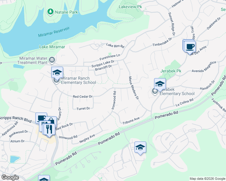 map of restaurants, bars, coffee shops, grocery stores, and more near 11380 Ironwood Road in San Diego