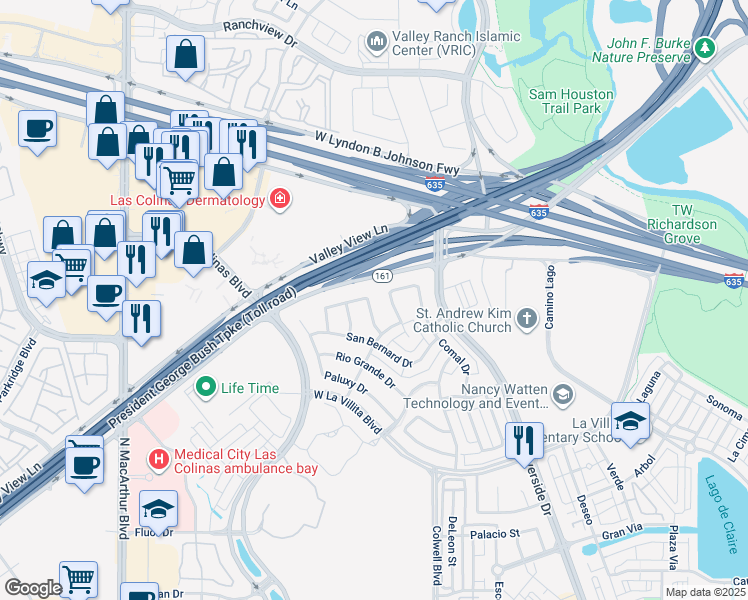 map of restaurants, bars, coffee shops, grocery stores, and more near 7340 San Felipe Drive in Irving