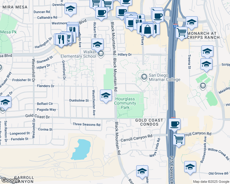 map of restaurants, bars, coffee shops, grocery stores, and more near 10440 Black Mountain Road in San Diego