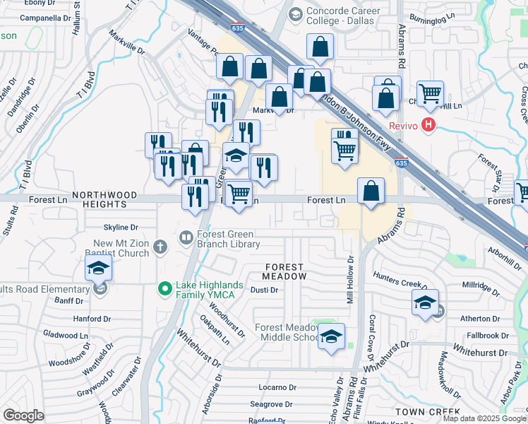 map of restaurants, bars, coffee shops, grocery stores, and more near 9170 Forest Lane in Dallas