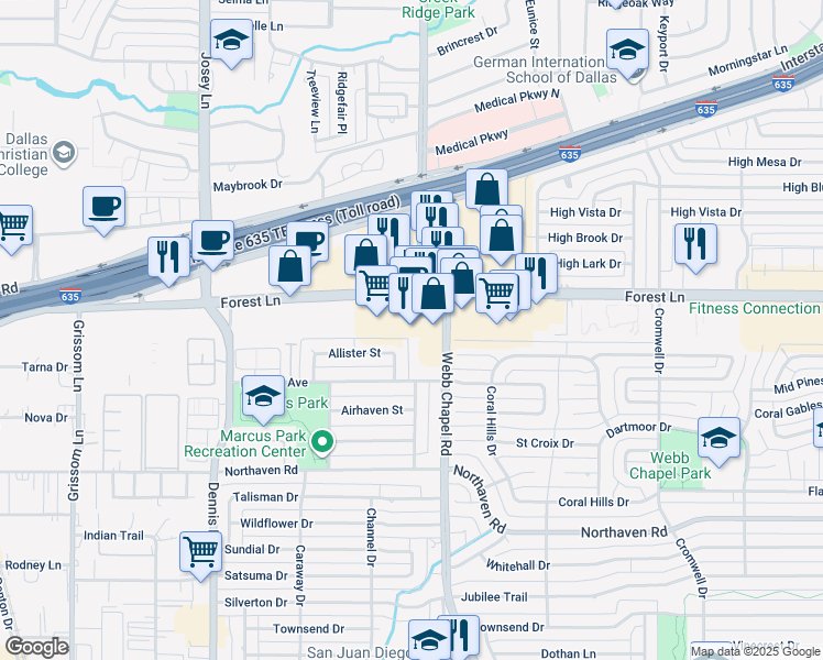 map of restaurants, bars, coffee shops, grocery stores, and more near 3068 Forest Lane in Dallas