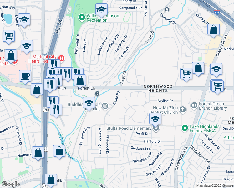 map of restaurants, bars, coffee shops, grocery stores, and more near 8350 Stults Road in Dallas