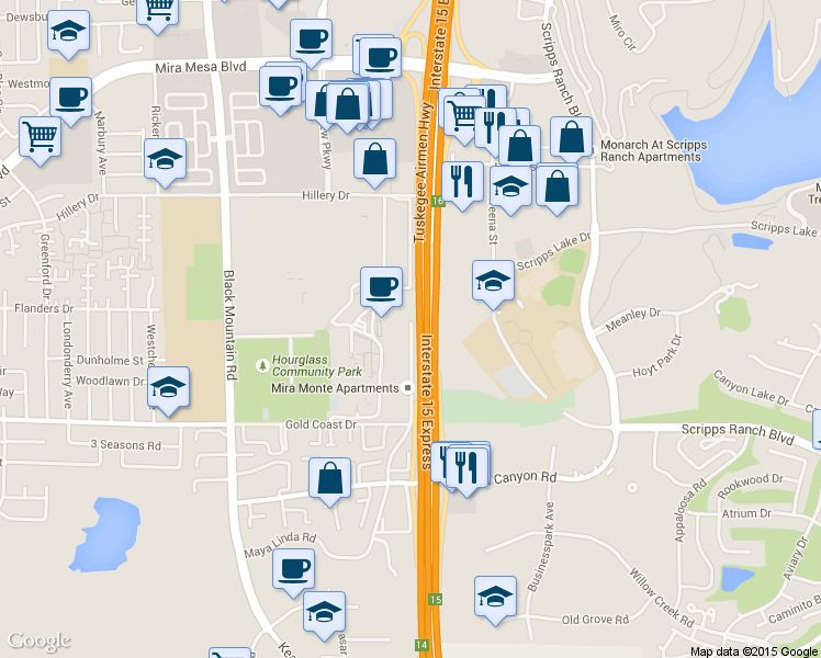map of restaurants, bars, coffee shops, grocery stores, and more near 10480 Maya Linda Road in San Diego