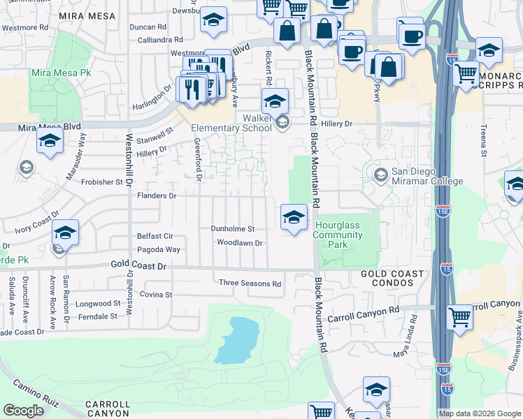 map of restaurants, bars, coffee shops, grocery stores, and more near 10466 Westchester Avenue in San Diego