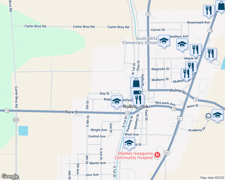 map of restaurants, bars, coffee shops, grocery stores, and more near 329-412 Day Street in Rolling Fork