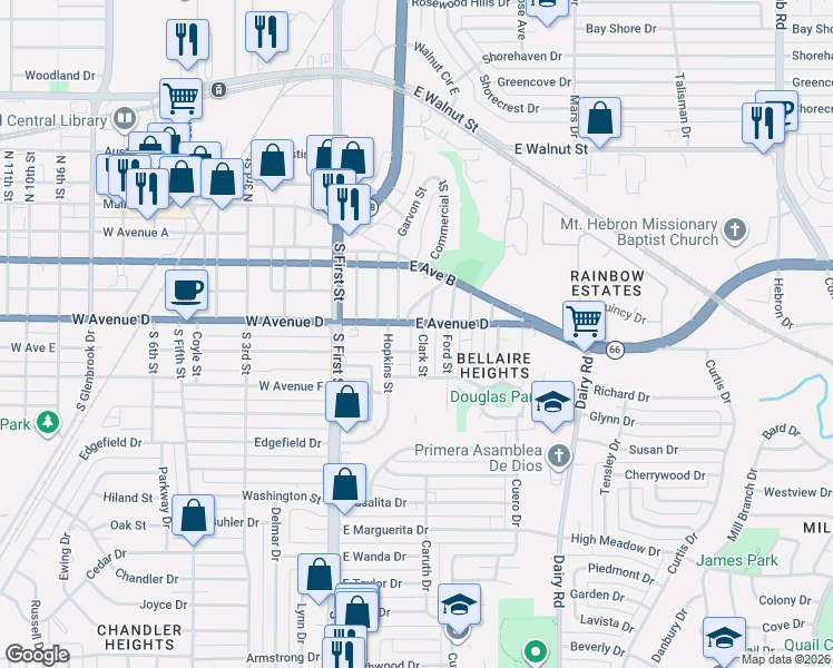 map of restaurants, bars, coffee shops, grocery stores, and more near 508 Clark Street in Garland