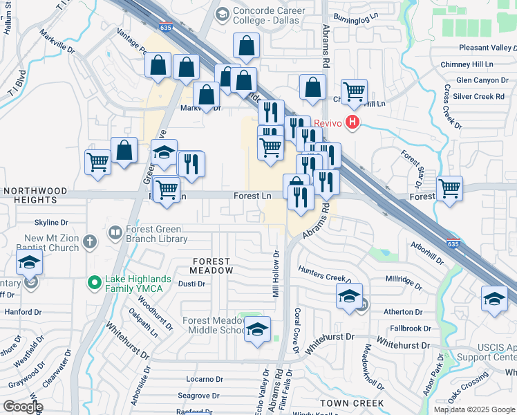 map of restaurants, bars, coffee shops, grocery stores, and more near 9304 Forest Lane in Dallas
