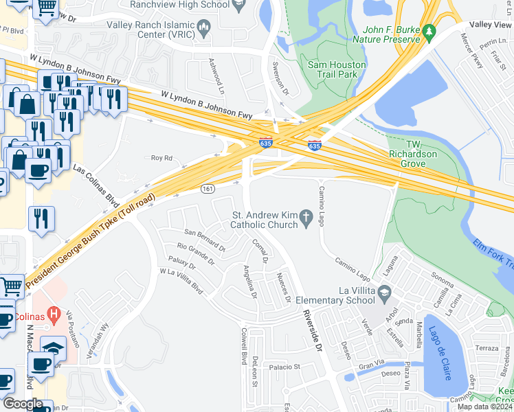 map of restaurants, bars, coffee shops, grocery stores, and more near 7300 Riverside Drive in Irving