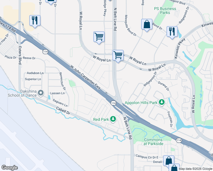 map of restaurants, bars, coffee shops, grocery stores, and more near 2 Coldstream Drive in Irving