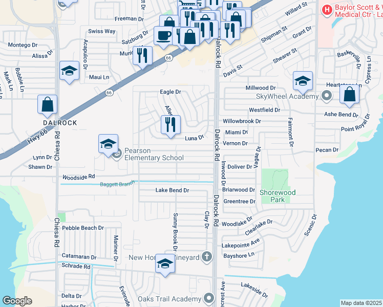 map of restaurants, bars, coffee shops, grocery stores, and more near 8414 Kensington Drive in Rowlett