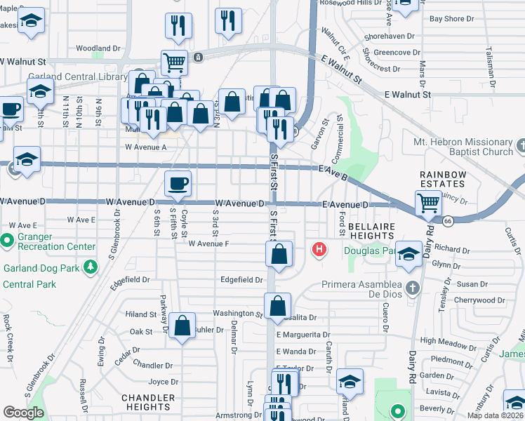map of restaurants, bars, coffee shops, grocery stores, and more near 100 South State Highway 78 in Garland