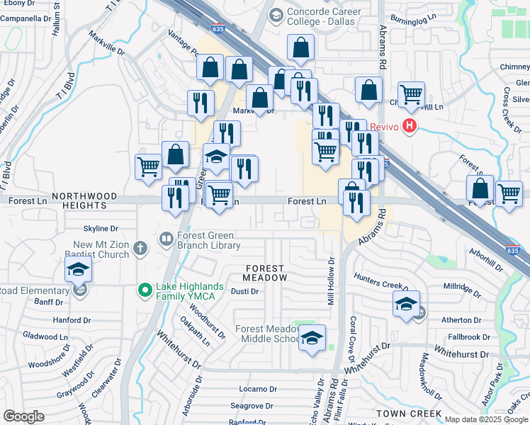map of restaurants, bars, coffee shops, grocery stores, and more near 9184 Forest Lane in Dallas