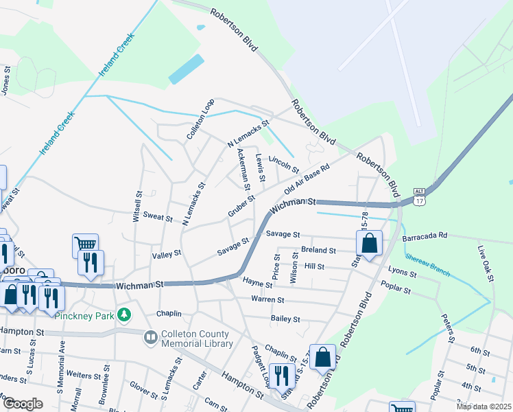 map of restaurants, bars, coffee shops, grocery stores, and more near 212 Pearson Street in Walterboro