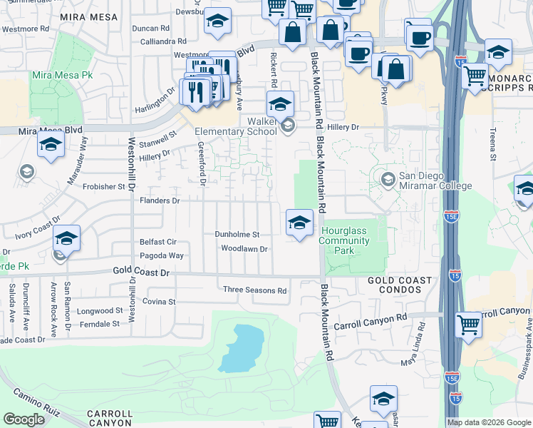 map of restaurants, bars, coffee shops, grocery stores, and more near 10466 Westchester Avenue in San Diego