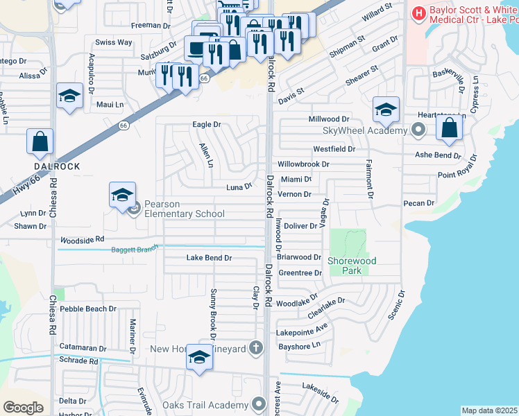 map of restaurants, bars, coffee shops, grocery stores, and more near 8606 Kensington Drive in Rowlett