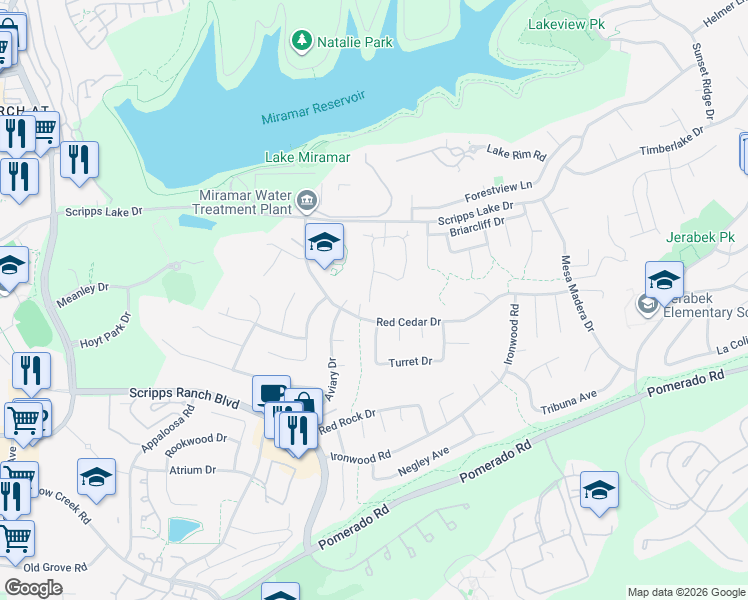 map of restaurants, bars, coffee shops, grocery stores, and more near 10317 Ridgewater Lane in San Diego