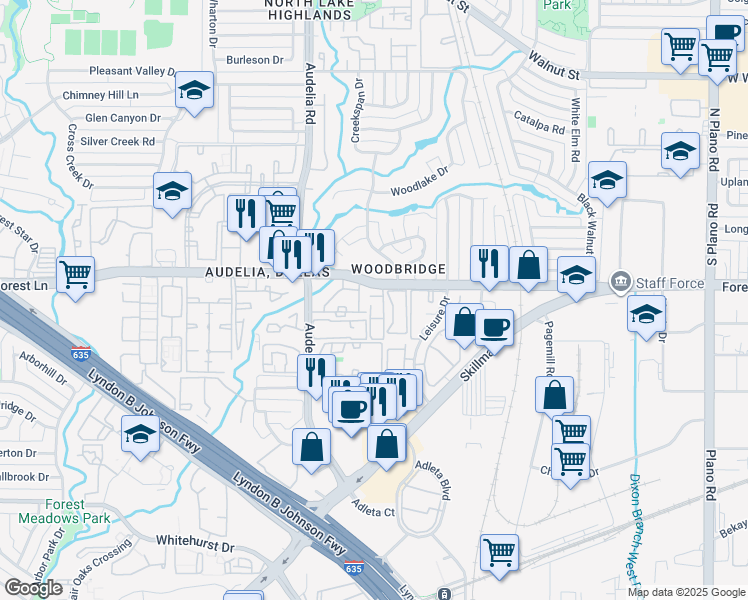 map of restaurants, bars, coffee shops, grocery stores, and more near 11700 Audelia Road in Dallas