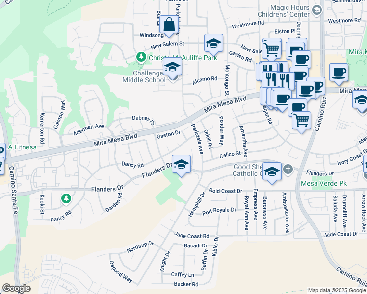 map of restaurants, bars, coffee shops, grocery stores, and more near 7805 Dancy Road in San Diego