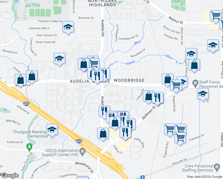 map of restaurants, bars, coffee shops, grocery stores, and more near 11700 Audelia Road in Dallas