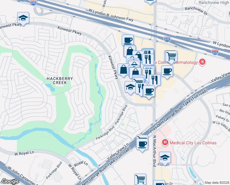 map of restaurants, bars, coffee shops, grocery stores, and more near 7411 Native Oak Lane in Irving