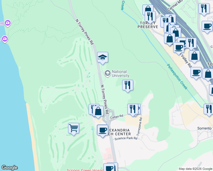 map of restaurants, bars, coffee shops, grocery stores, and more near 11149 North Torrey Pines Road in San Diego