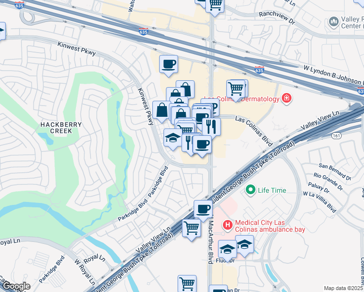 map of restaurants, bars, coffee shops, grocery stores, and more near 7505 North MacArthur Boulevard in Irving