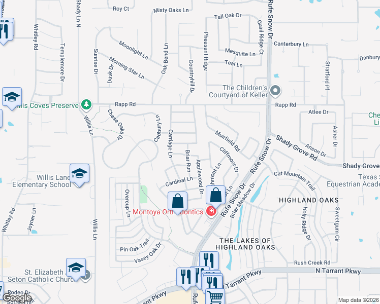map of restaurants, bars, coffee shops, grocery stores, and more near 633 Cottonwood Trail in Keller